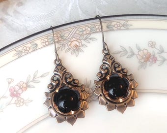 Vintage Glass Buttons(1935-1960's) Earrings, Flower, Black and Gold, Antique Brass Ox, Victorian Reproduction