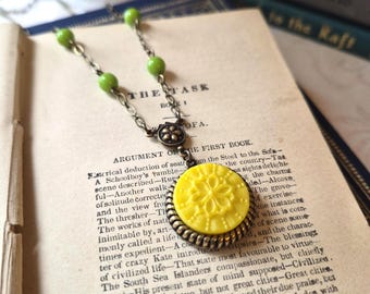 Vintage Glass Button Necklace, Geometric Flower, Yellow, Green, Czech Glass Beads, Antique Brass