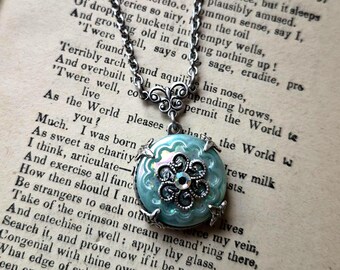 Necklace made with Vintage Uranium Glass Button, Seafoam Green with Rainbow Glitter Glaze, Silver Ox Filigree