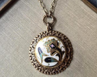 Antique Button Necklace(c.1860-1900), Champlevé Enamel, Flower, Rose, Green, Black, Cream , OOAK, Timeless Trinkets