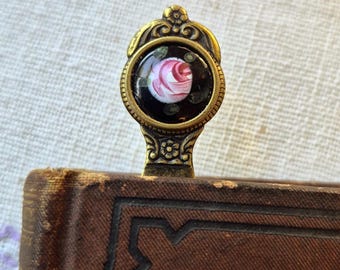 Bookmark: Vintage Enamel Rose Cameo, Black, Pink, White