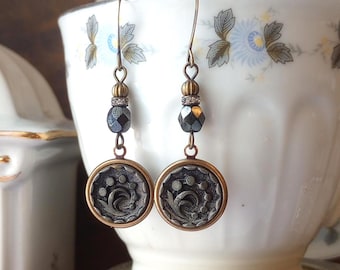 Earrings made with Antique Pewter Buttons: Botanical Theme, Gray, Rhinestone Spacer Beads, Brass, Czech Glass Beads, One of a Kind