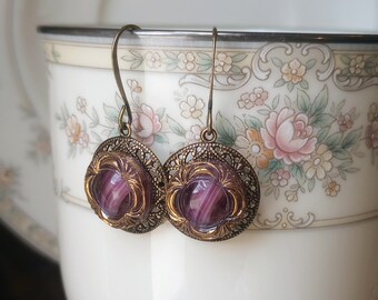 Earrings made with Vintage Marbled Glass Buttons : Gold Trim, Purple