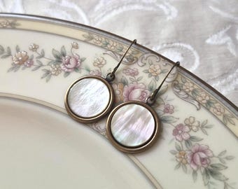 Earrings made with Antique Mother of Pearl Disc, White with Rainbow Iridescent Color, Brass, Timeless Trinkets, Button Jewelry