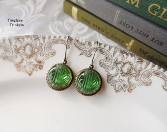 Antique Glass Button(c.1920-1940) Earrings, Emerald Green with Gold Painted Backs, Antique Brass Ox, Timeless Trinkets
