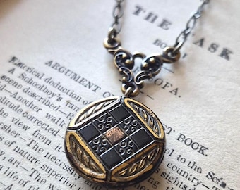 Necklace made with Antique Glass Button, Black with Gold Highlights, Art Deco Design, Antique Brass, Timeless Trinkets