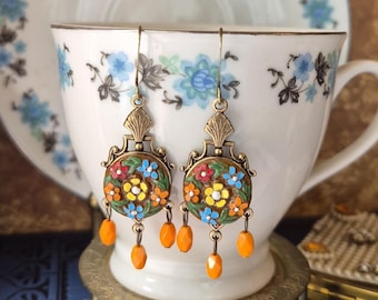 Earrings made with Vintage Glass Buttons: Hand Painted, Flowers, Vintage Orange Beads, Blue, Brown, Yellow, Red, Green