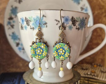 Earrings made with Hand Painted Vintage Glass Buttons, Flowers, Brass Ox, Green, Blue, Yellow, White, Cottage Core