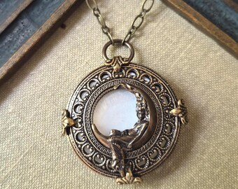 Necklace, Antique Mother of Pearl Button, Dream Weaver, Lady in the Moon, Crescent Moon, Brass Ox Filigree, Timeless Trinkets