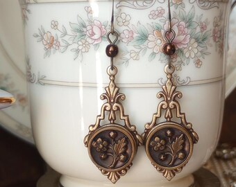 Earrings made with Antique Buttons(c.1865-1904), Copper, Brown, Czech Glass Beads, Flowers, Brass, Timeless Trinkets, Button Jewelry