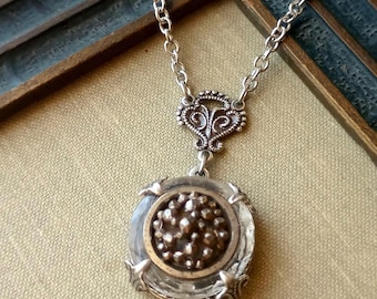 Antique Button Necklace, Steel Cut Gems, Filigree Button, Victorian Button, Faceted Clear Glass, Depression Glass Button, Antique Silver Ox