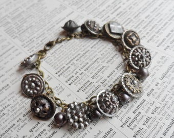 Antique Button Bracelet, Iridescent Freshwater Pearls- Gray, Plum,  Steel Cut Gem Buttons, Antique Brass, OOAK, Timeless Trinkets