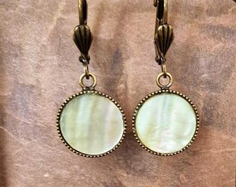 Earrings made with Antique Mother of Pearl Disc, Beige with Rainbow Highlight, Brass, Leverback Earwires, Timeless Trinkets, Button Jewelry