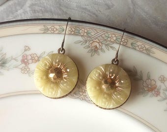 Vintage Glass Button Earrings (1935-1960's): Uranium Glass, Flower Design, Yellow with Gold Highlights, Antique Brass, Dangle