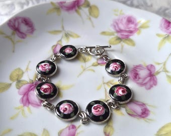 Bracelet made with Vintage Enamel Cameos, Roses, Flowers, Black, Pink, Silver