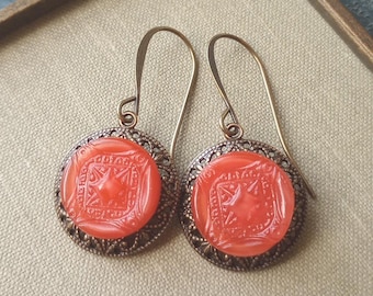 Earrings made with Vintage Moonglow Glass Buttons : Salmon-Red, Antique Brass Filigree