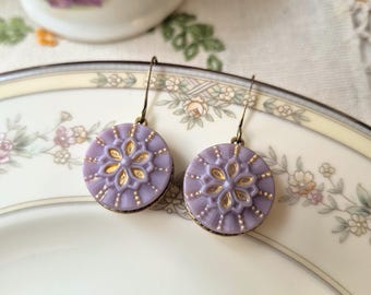 Vintage Glass Button Earrings (1935-1960's): Flower Design, Matte Purple and Gold,  Antique Brass Finish