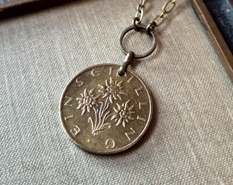 Vintage Coin Necklace, Edelweiss, Austria 1986, 1 Schilling, Reversible, Antique Brass Chain, Timeless Trinkets,
