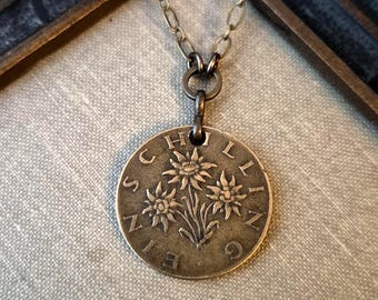 Vintage Coin Necklace, Edelweiss, Austria 1968, 1 Schilling, Reversible, Antique Brass Chain, Timeless Trinkets,