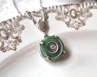 Necklace made with Vintage Glass Button(c. 1935-1960's), Green Marbled Glass with Silver, Swarovski Crystal, Czech Glass, Timeless Trinkets