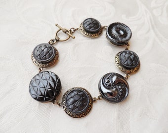 Bracelet made with Vintage Glass Buttons(c.1940-1960), Shades of Gray and Pewter, Geometric Designs, Antique Brass, Timeless Trinkets