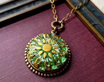 Necklace made using Czech Art Glass Button, Flower, Uranium Glass, Green, Brass, Gold Highlights