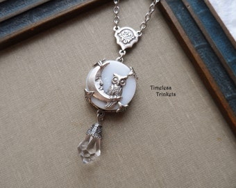 Antique Mother of Pearl Button Necklace, Antique Silver Finish, Owl, Moon, Crescent, Teardrop, Faceted Glass, White, Ivory