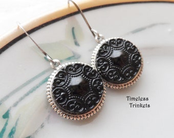 Earrings made with Vintage Glass Buttons(1935-1960's), Black with Pressed Scroll Design, Antique Silver, Timeless Trinkets