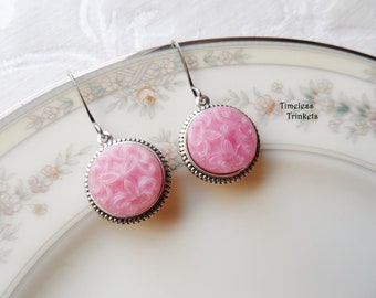 Earrings made with Vintage Glass Buttons(1935-1960's), Fleur-de-lis, Pastel, Pink, Rose, Flower, Antique Silver, Timeless Trinkets