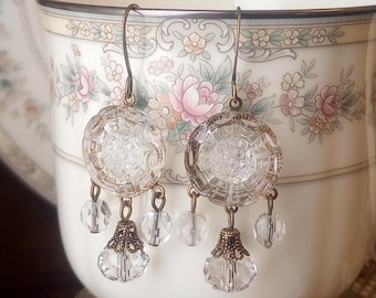 Vintage Glass Button Earrings (1935-1960's): Czech Glass, Clear, Sparkle, Dangle, Brass Filigree, Crystal, Geometric Floral Design