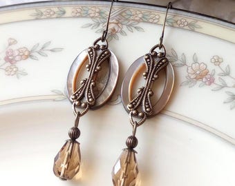 Earrings made with Vintage Mother of Pearl Slide Buckles(c.1920-1930's)  Ivory-Beige, Vintage Glass, Brass, Timeless Trinkets