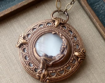 Necklace, Antique Mother of Pearl Button, Dream Weaver, Lady in the Moon, Crescent Moon, Brass Ox Filigree, Timeless Trinkets