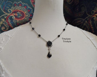 Antique Glass Button Necklace, Geometric Flower Design, Czech Glass Beads, Antique Silver Ox, Swarovski Crystal, Black, Timeless Trinkets