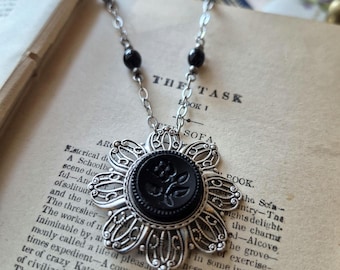 Necklace made with Antique Victorian Glass Button(1880-1910's): Black, Flower, Vintage Glass Rice Beads, Silver Ox, OOAK