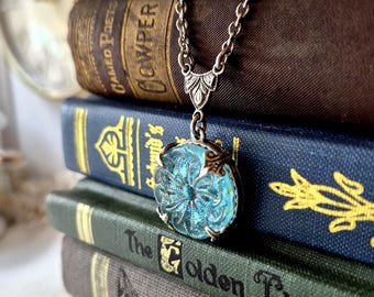 Necklace made with Vintage Glass Button(1935-1960's), Blue, Iridescent, Flower, Antique Silver