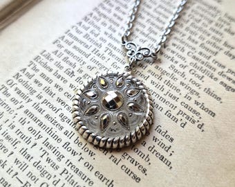 Necklace made with Vintage Glass Button(c.1945-1949): Clear Glass, Silver Flower Timeless Trinkets, Antique Silver