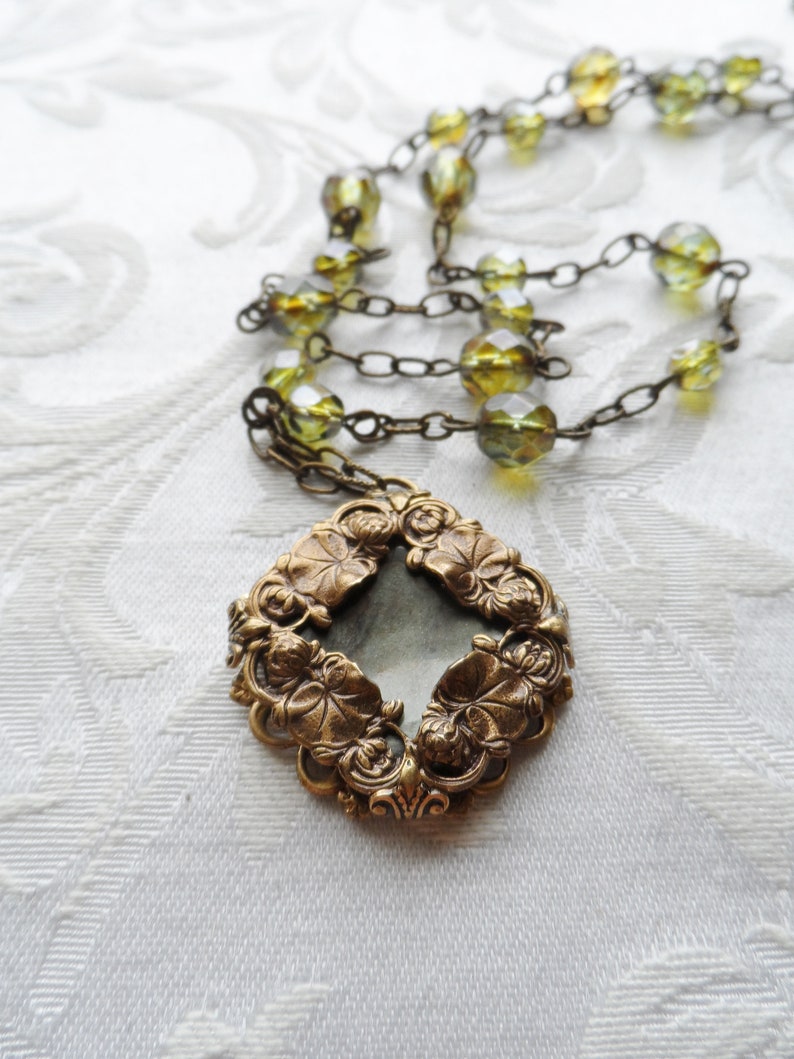Water Lilies, Antique Mother of Pearl Button Necklace, Czech Glass Beads, Antique Brass Ox, Moss Green, Gray, Brown image 4