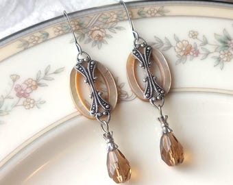 Earrings made with Vintage Mother of Pearl Slide Buckles(c.1920-1930's)  Ivory-Beige, Vintage Glass, Silver Ox, Timeless Trinkets