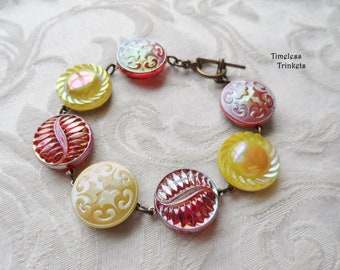 Bracelet,Vintage Glass Buttons(c.1930-1960), Yellow, Sunny, Lemon, AB, Red, Gold Trim,Geometric, Art Nouveau, Brass, OOAK, Timeless Trinkets