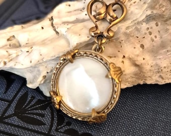 Necklace made with Antique Mother of Pearl Button, White, Off-white, Shimmer, Snow Moon, Antique Brass Filigree, Timeless Trinkets