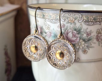 Vintage Glass Button Earrings (1945-1949): Occupied Germany, Clear, Gold, Antique Brass, Dangle, Geometric Floral Design