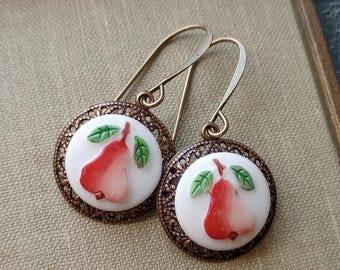 Earrings made with Glass Vintage Buttons, Milk Glass, Pear, Fruit, White, Green, Red, Brass Ox, Timeless Trinkets
