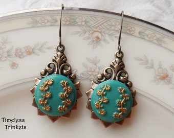 Earrings made with Vintage Glass Buttons(1935-1960's), Floral, Lacey Gold Accent Design, Teal, Green, Antique Brass, Timeless Trinkets