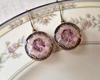 Vintage Glass Button Earrings (1935-1960's): Geometric Design, Translucent Purple, Antique Brass