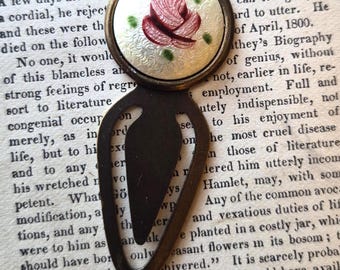 Bookmark- Vintage Guilloche Enamel Rose Cameo, Ivory, Cream, Pink, Brass