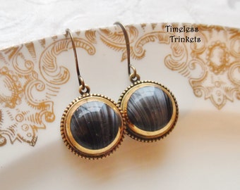 Earrings made with Vintage Glass Buttons(1935-1960's), Slag Glass, Gray- Black Stripe, Gold Trim, Antique Brass, Timeless Trinkets