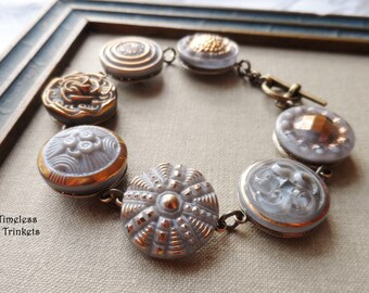 Bracelet,Vintage Glass Buttons(c.1930-1960), Shades of Gray, Gold Trim, Moonglow, Geometric,Floral, Brass, Timeless Trinkets