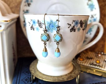 Earrings made with Antique Glass Buttons(early-1900's), Diminutive, Dainty, Blue, Gold, Czech Glass Beads, Brass