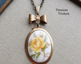 Necklace made with Vintage Porcelain Cameo, White, Yellow, Rose, Green, Bow, Antique Brass, Timeless Trinkets