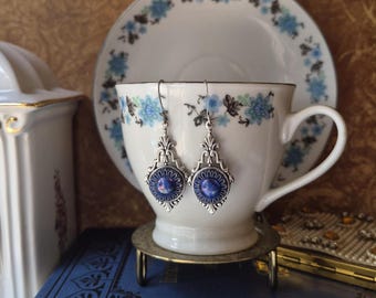 Vintage Button Earrings: Glass, Flower Design, Art Nouveau, Blue Iridescent, Purple, Antique Silver Ox, Timeless Trinkets